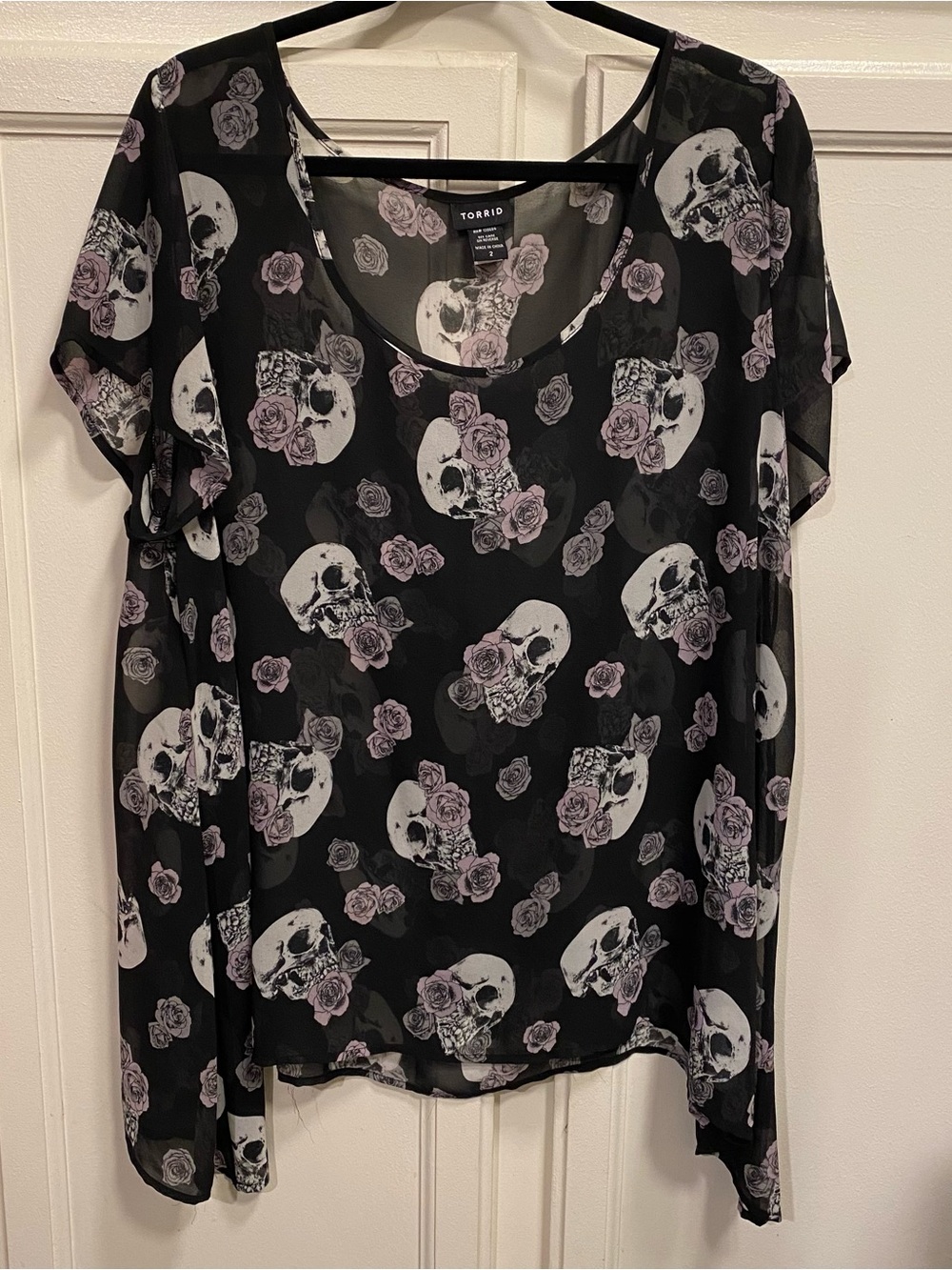 torrid Black Sheer Blouse with Lavender Rose & Skull Print